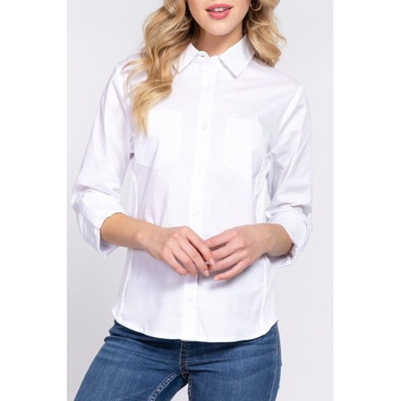 Women's 3/4 Roll up sleeve side rib panel stretch shirt