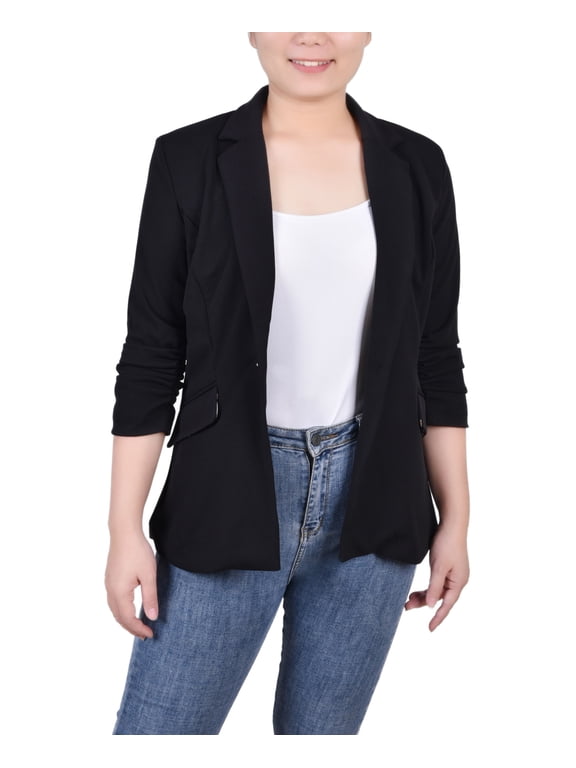 Women's 3/4 Rouched Sleeve Crepe Jacket Black/Black Red Chain S
