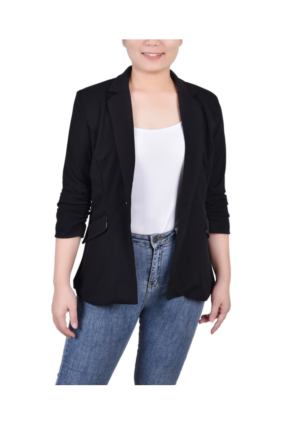 Women's 3/4 Rouched Sleeve Crepe Jacket Black/Black Red Chain S