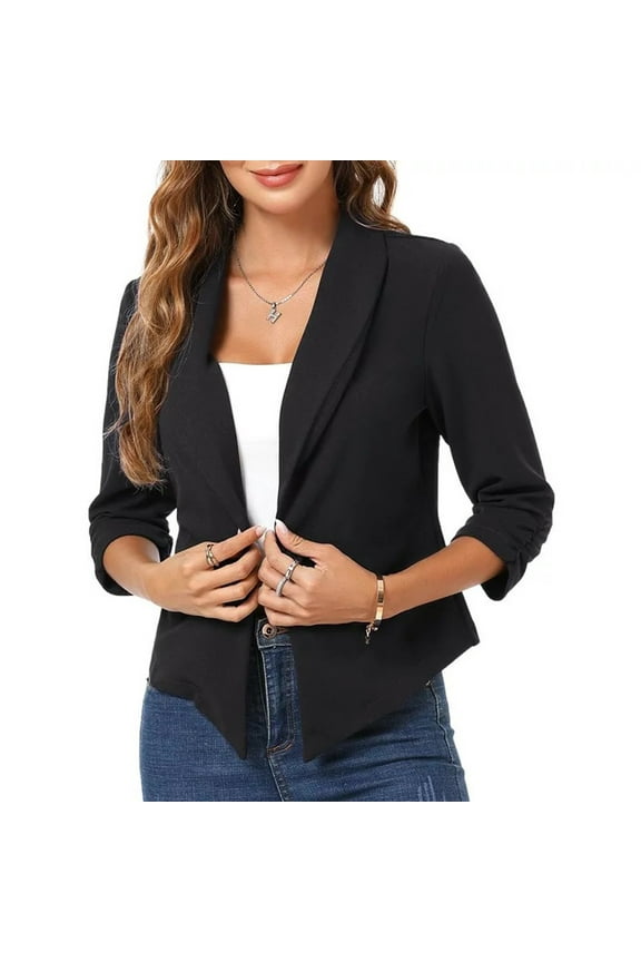 Women's 3/4 Ruched Sleeve Cropped Blazer Shawl Lapel Stylish Open Front Cardigan