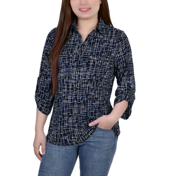 Women's 3/4 Ruched Sleeve Studded Y-neck Top Royal Abstract S