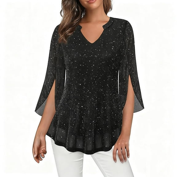 Women's 3/4 Ruffle Sleeve Sparkly Sequin Top - V-Neck Double-Layer Dressy Casual Blouse, Glitter Mesh Flowy Fall Party Shirt