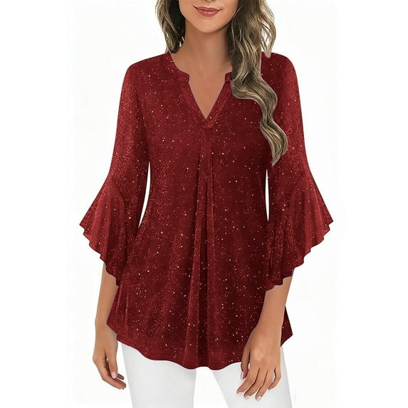 Women's 3/4 Ruffle Sleeve Sparkly Sequin Tunic - Double-Layer Mesh V-Neck Dressy Casual Blouse, Retro Glitter Holiday Christmas Shirt