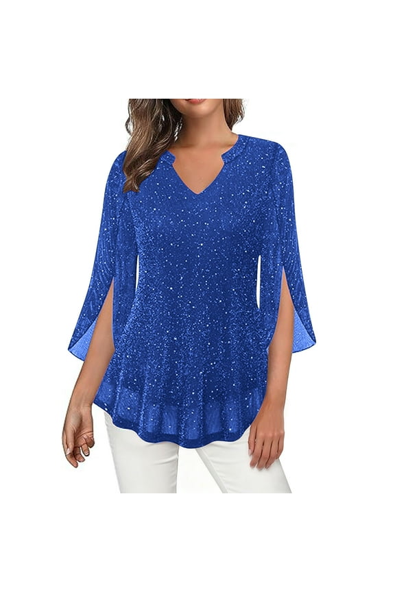 Women's 3/4 Ruffle Sleeve Sparkly Tops Sequin V Neck Work Office Blouses Dressy Casual Spring Flowy Shirts