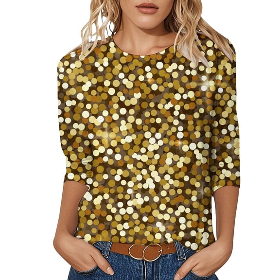 Women's 3/4 SLeeve Shirts Carnival Sequins Printed Casual Loose Tops Spring Summer Crewneck Fashion Basic Blouses