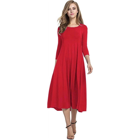 Women's 3/4 Sleeve A-line and Flare Midi Long Dress