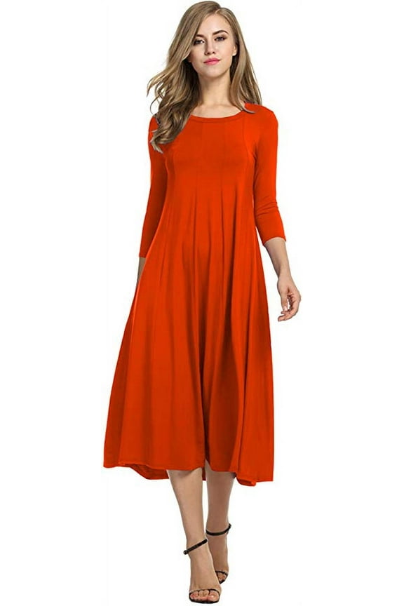 Women's 3/4 Sleeve A-line and Flare Midi Long Dress