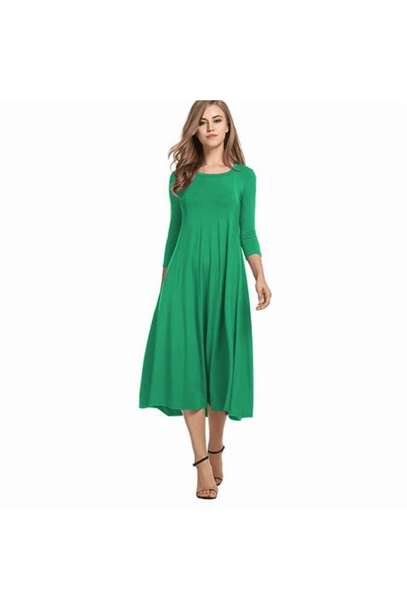 Women's 3/4 Sleeve A-line and Flare Midi Long Dress