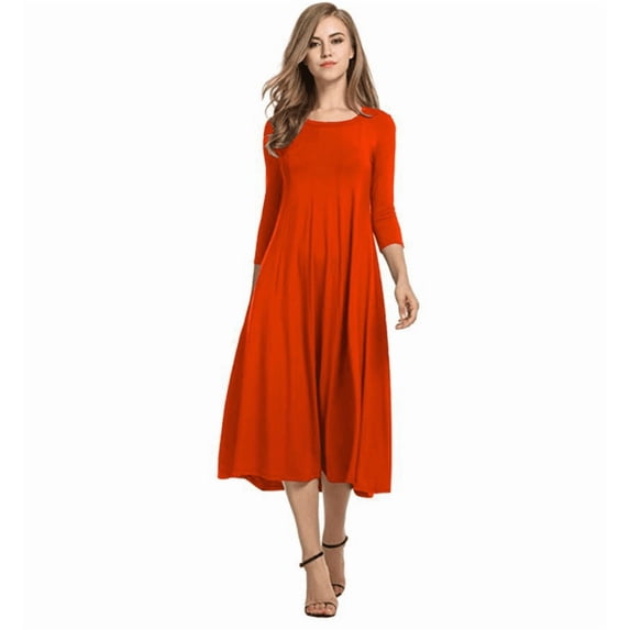 Women's 3/4 Sleeve A-line and Flare Midi Long Dress