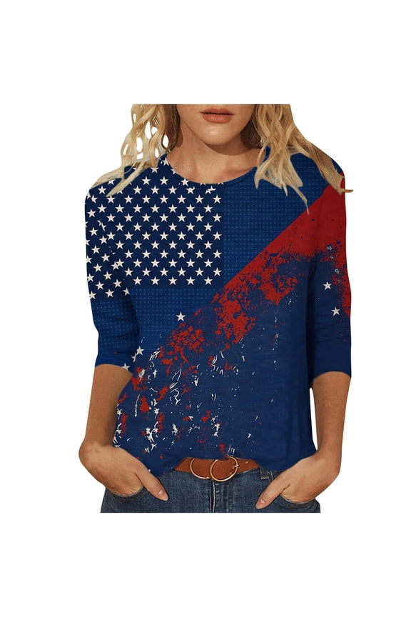 Women's 3/4 Sleeve American Flag Print T-Shirt Casual Round Neck Patriotic Shirt Top for Independence Day