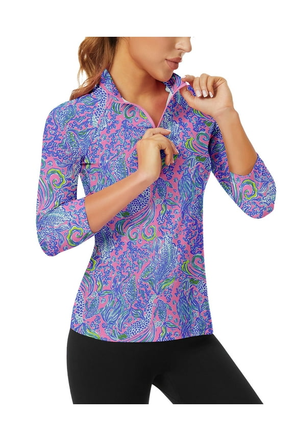 Women's 3/4 Sleeve Athletic Polo Shirt Quarter Zip Pullover Collared T-Shirt for Golf Tennis Workout Print Tennis Top