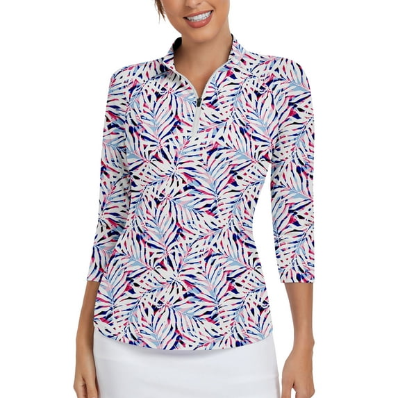 Women's 3/4 Sleeve Athletic Polo Shirt Quarter Zip Pullover Collared T-Shirt for Golf Tennis Workout Print Tennis Top