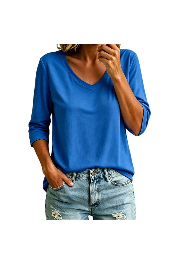 Basic Tee Shirts V Neck Three Quarter Sleeve Loose Fit Solid T Shirt Soft Stretch 3/4 Length Sleeve Casual Tunic Tops Dressy Casual Blouses Basic Tees Basic Layer Tops for Women Blue S