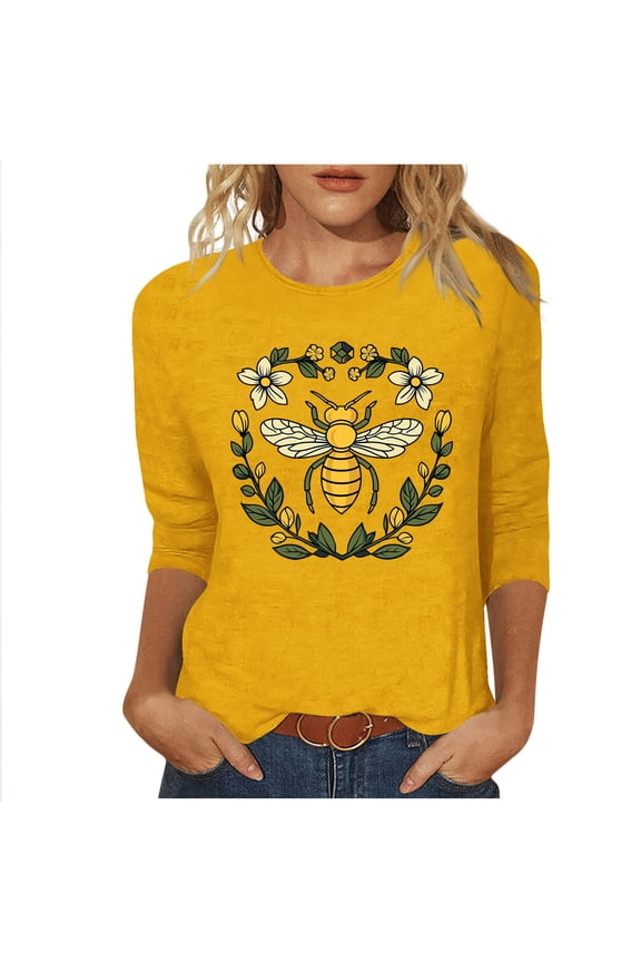 Women's 3/4 Sleeve Bee & Honeycomb Print T-Shirt Casual Loose Fit Crew Neck Tee Top