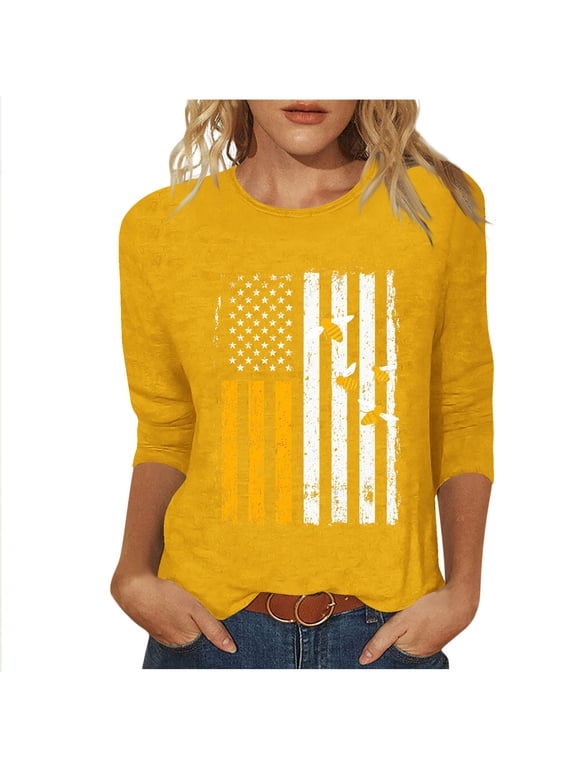 Women's 3/4 Sleeve Bee & Honeycomb Print T-Shirt Casual Loose Fit Crew Neck Tee Top