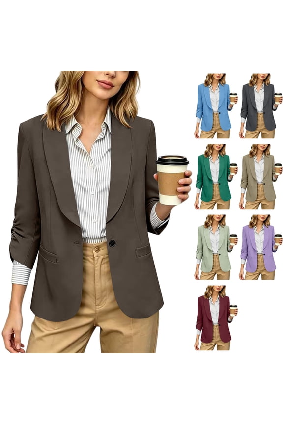 Women's 3/4 Sleeve Blazer Jacket Shawl Collar Ruched Cuff One Button Dressy Casual Work Office Blouses for Interview Teacher Outfits, Brown, XXL
