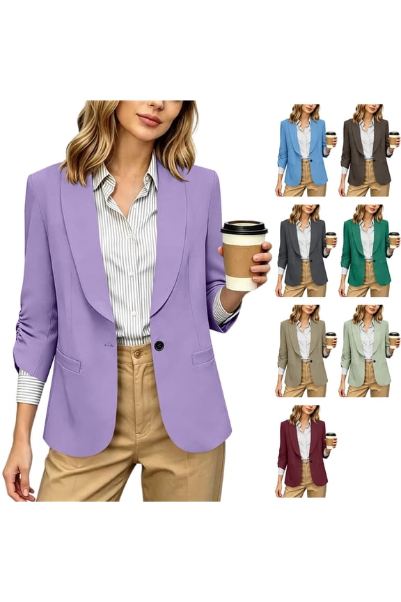 Women's 3/4 Sleeve Blazer Jacket Shawl Collar Ruched Cuff One Button Dressy Casual Work Office Blouses for Interview Teacher Outfits, Purple, S