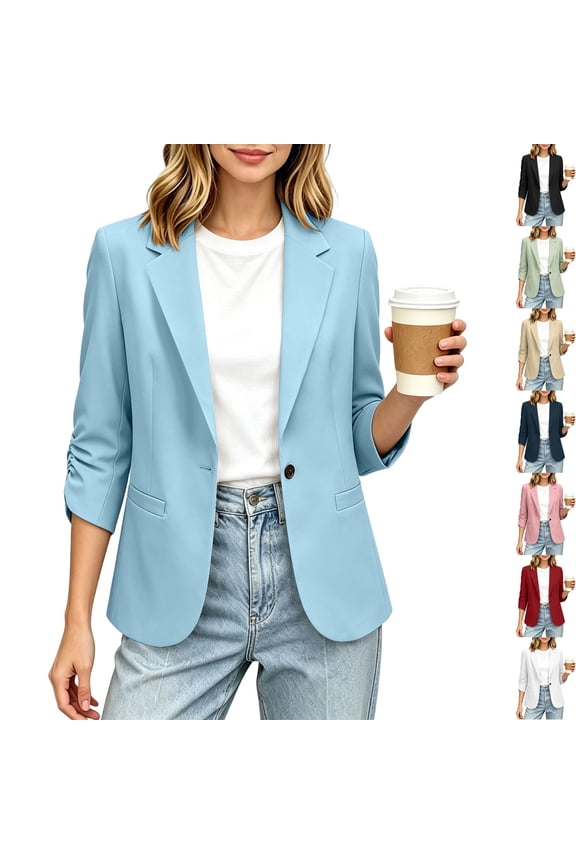 Women's 3/4 Sleeve Blazer Jacket Tailored Fit Lapel Collar Ruched Cuff One Button Work Office Suit Coat for Interview Teacher Outfits, Blue, L