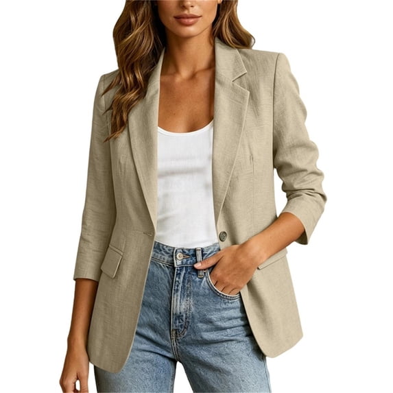 Women's 3/4 Sleeve Blazer Lapel V Neck Button Down Cardigan Casual Business Stylish Jackets With Pockets (S, Khaki)
