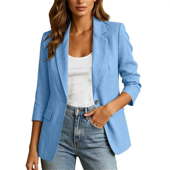 Women's 3/4 Sleeve Blazer Lapel V Neck Button Down Cardigan Casual Business Stylish Jackets With Pockets (XL, Light Blue)