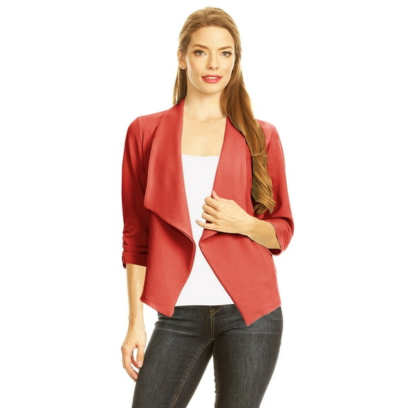 Women's Fitted Waist Length Jacket Open Front Draped Neck Ruched Sleeves