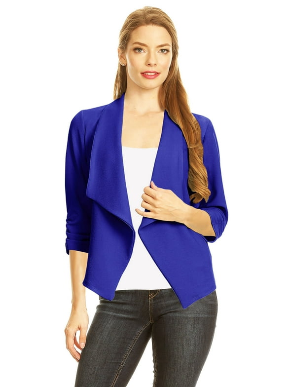 Moa Collection Women's Fitted Waist Length Jacket Open Front Draped Neck Ruched Sleeves