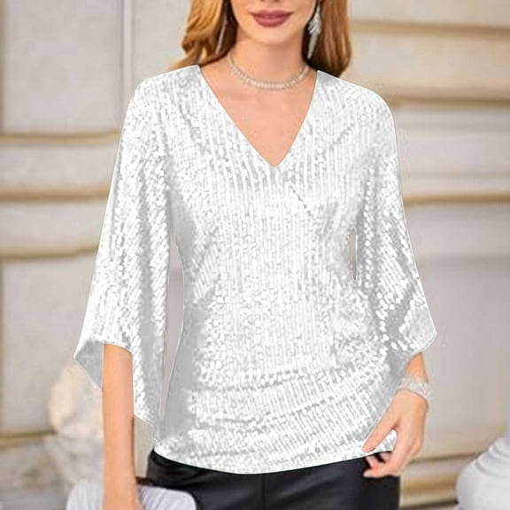 Women's 3/4 Sleeve Blouse with Sequin Glitter Detail Party Wear V-Neck Dressy Top