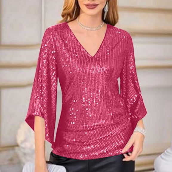 Women's 3/4 Sleeve Blouse with Sequin Glitter Detail Party Wear V-Neck Dressy Top