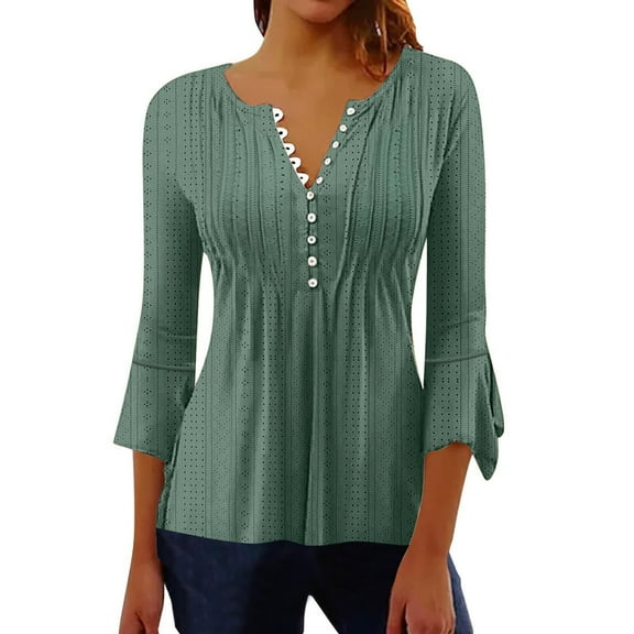 Women's 3/4 Sleeve Blouses Half Button Flare Sleeve Tops Eyelet Embroidery Outwear Trendy Outfits Mint Green L