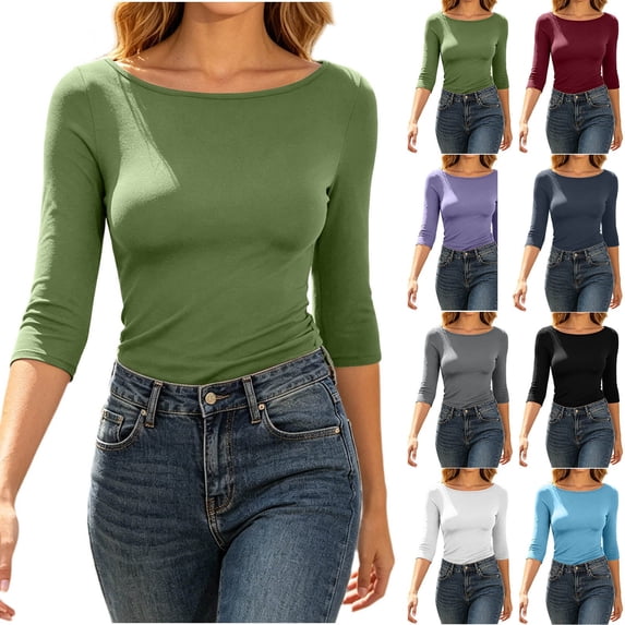 Women's 3/4 Sleeve Boat Neck T Shirts Slim Fit Tight Basics Top Casual Comfy Tops Green XL(XL)