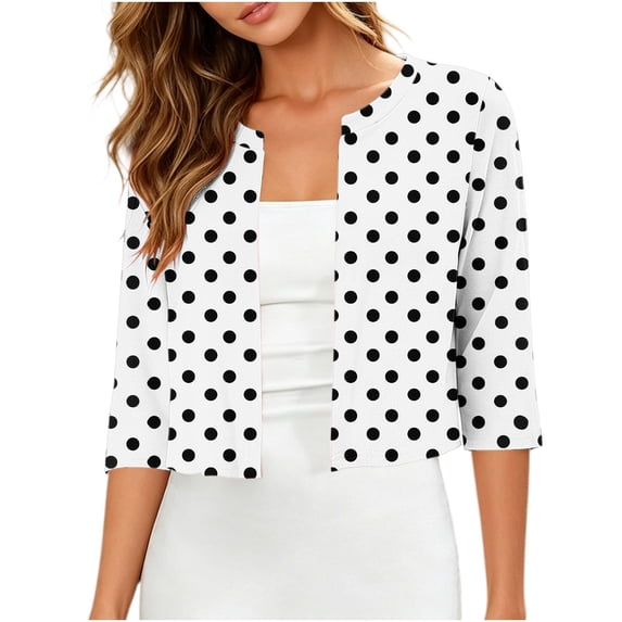 Women's 3/4 Sleeve Bolero Shrug Open Front Cropped Cardigan Polka Dot Tailored Fit Layering Top Work Office Date Outfit