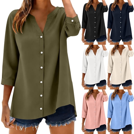 Womens Fashion Casual Button Down Shirt 3 4 Sleeve Solid Basic Tops For Daily Wear