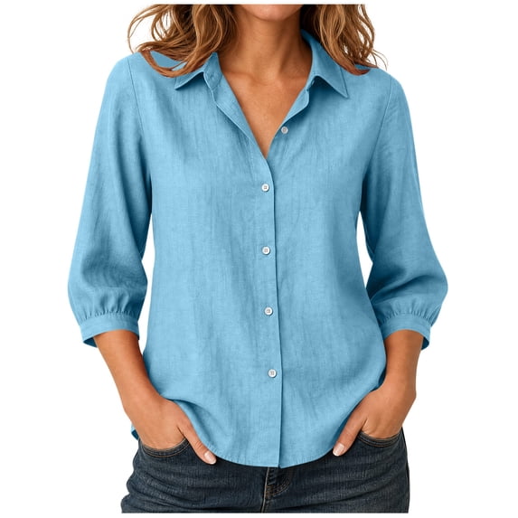 Women's 3/4 Sleeve Button Down Shirts Lapel Solid Color Cardigan Faux Cotton Linen Casual Loose Comfy Outwear (S, Light Blue)