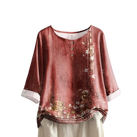 Women's 3/4 Sleeve Button Down Loose Blouse, Casual Lightweight Leaf Print Shirt Top, Comfortable Summer Tunic for Everyday Wear Fashion Clothing for Women