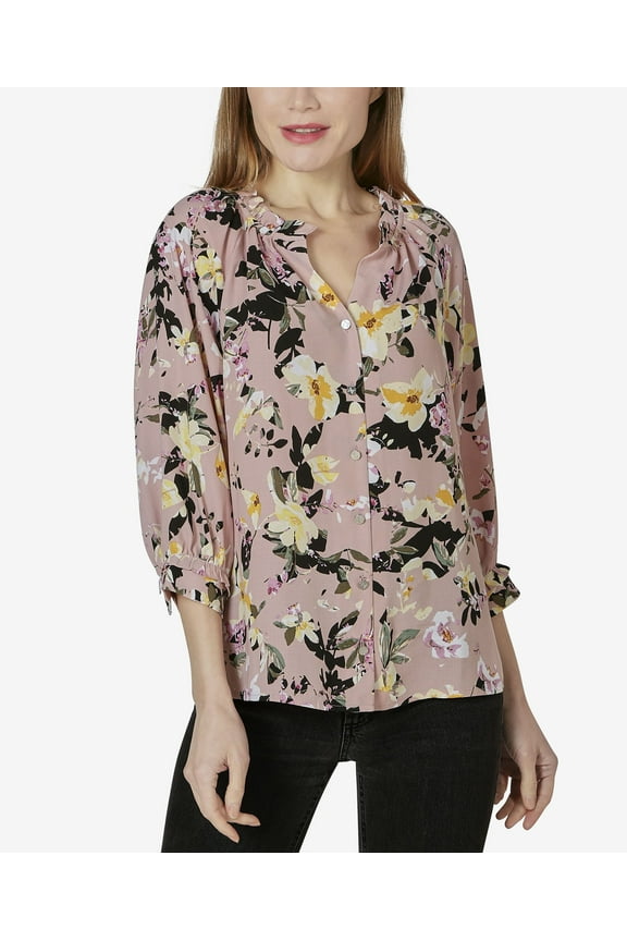 Women's 3/4 Sleeve Button Up Raglan Top with Ruffle Neck Sophia Floral S