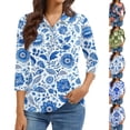 thumbnail image 1 of Women's 3/4 Sleeve Button Up Shirt with Lapel Collar and Floral Print, Casual Fashion Top for Daily Wear, Lightweight Summer Blouse Green XL, 1 of 6