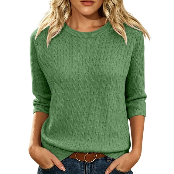 Women's 3/4 Sleeve Cable Knit Sweater,Crew Neck Lightweight Pullover Casual Soft Knitted Top for Fall Winter Daily Wear