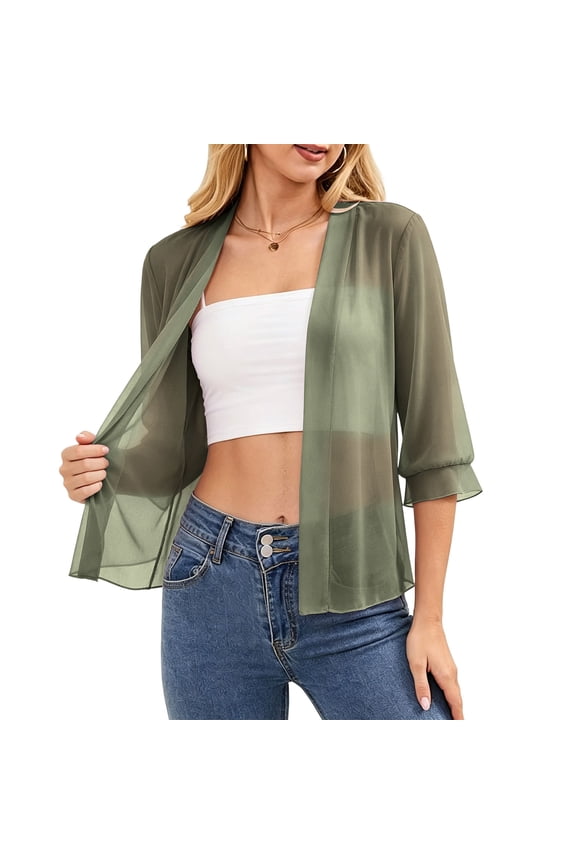 Women's 3/4 Sleeve Cardigans Lightweight Open Front V Neck Blouse Button Casual Loose Layered Hem Summer Tunic Tops