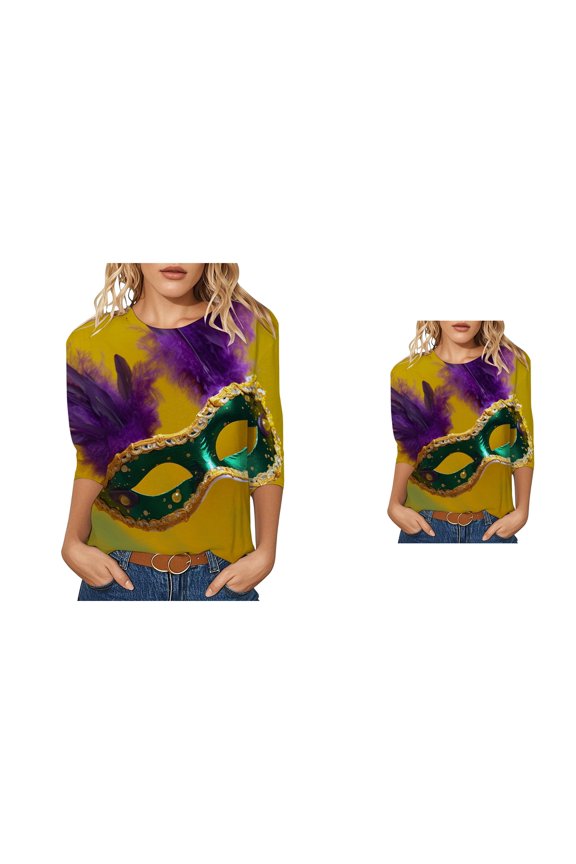 Women's 3/4 Sleeve Carnival Printed T-Shirt â Mardi Gras New Orleans Themed Crew Neck Top for Tuesday Parade & Party