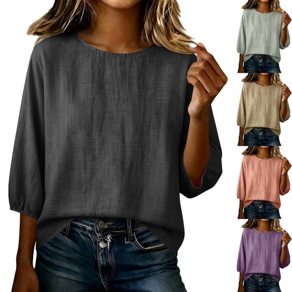 Women's 3/4 Sleeve Casual Blouse Round Neck Loose Fit High Low Hem Balloon Cuff Lightweight Flowy Tops for Work Office Fall Outfits, Black, L