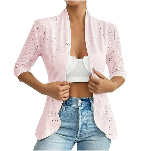 Women's 3/4 Sleeve Casual Cardigan Comfy Solid Color Summer Fall Boho Eyelet Open Front Tunic Cardigan Sweater 2025