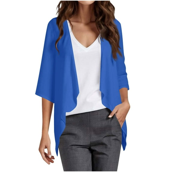 Women's 3/4 Sleeve Chiffon Cardigans Lightweight Trendy Draped Ruffle Open Front Cardigan Shrugs Flowy Blouses (2XL, Blue)