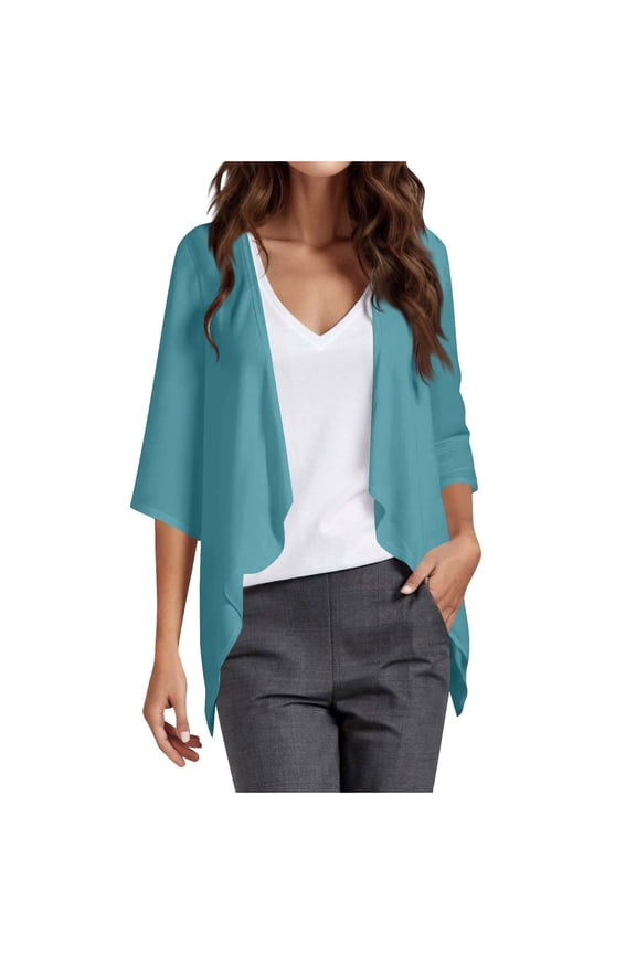 Women's 3/4 Sleeve Chiffon Cardigans Lightweight Trendy Draped Ruffle Open Front Cardigan Shrugs Flowy Blouses (L, Dark Blue)