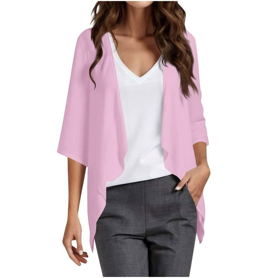 Women's 3/4 Sleeve Chiffon Cardigans Lightweight Trendy Draped Ruffle Open Front Cardigan Shrugs Flowy Blouses (L, Pink)