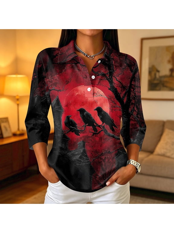 Women's 3/4 Sleeve Collared Button Blouse Casual Halloween Themed Shirt Top
