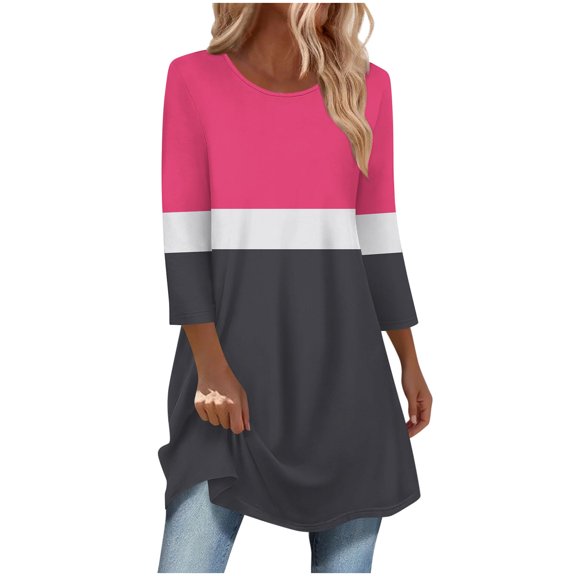 Women's 3/4 Sleeve Color Block Tops, Loose Crewneck Casual Tunic Blouse, Going out Trendy Shirts