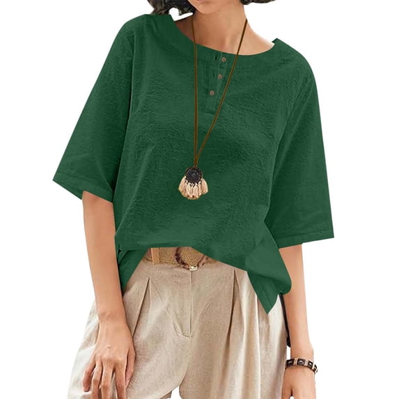 Women's 3/4 Sleeve Cotton Linen Jacquard Blouses Top T-Shirt, Limited Time Under 10 Dollars SA-461