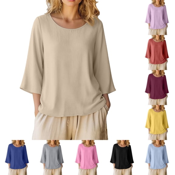 Women's 3/4 Sleeve Cotton Linen Shirt, Round Neck Loose Fit Solid Color Summer T-Shirt, Casual and Breathable Top for Beach, Daily Wear, and Hot Weather Comfort-Beige