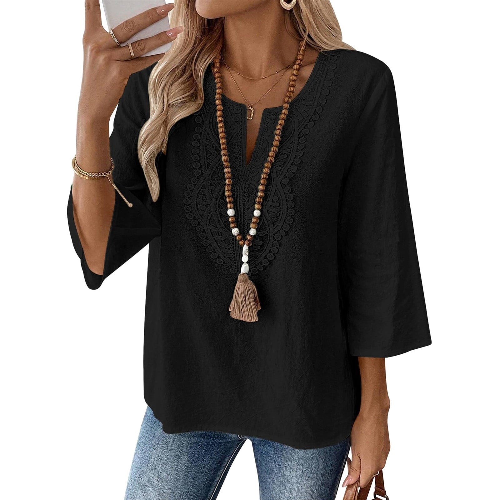Women's 3/4 Sleeve Cotton Linen Shirt with V Neck Lace Detail, Casual ...