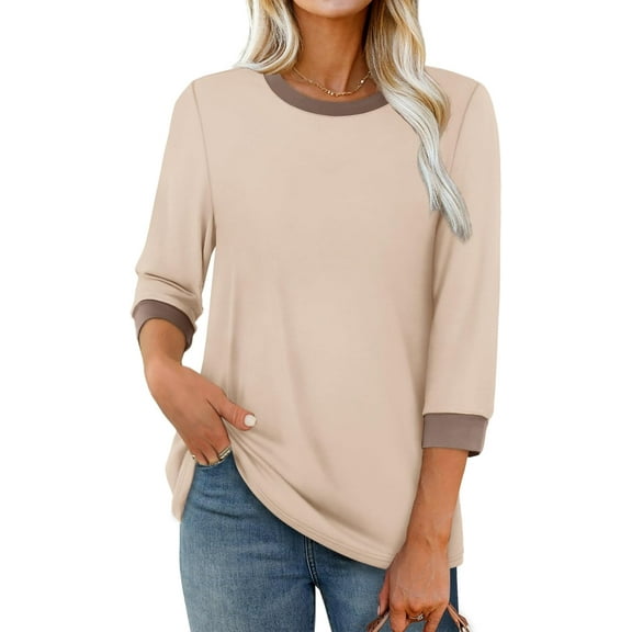 Women's 3/4 Sleeve Crew Neck Color Block Tunic Top Dressy Casual Loose Fit Tee Shirt